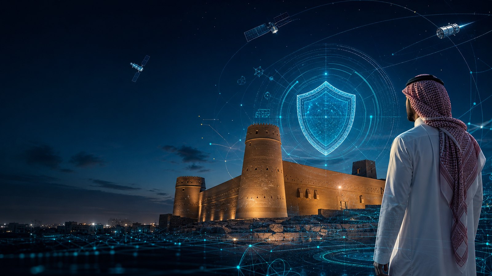 رجل سعودي أمام المصمك، تحيط به أقمار صناعية وواجهة درع للأمن السيبراني